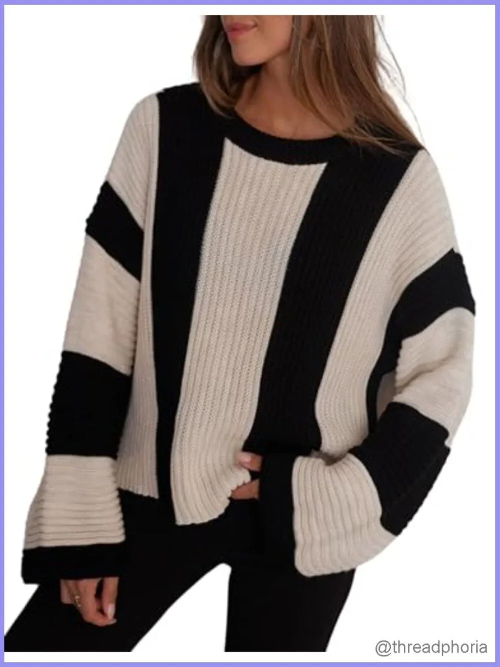 Womens Striped Bell Sleeve Pullover Sweater Loose Color Block Crew Neck Knit